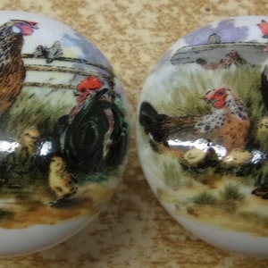 May include: Two ceramic egg-shaped knobs with a white background and a colorful image of a rooster, hen, and chicks in a farmyard setting.