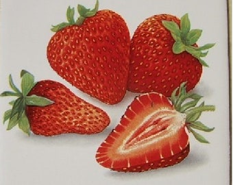 Strawberries Strawberry Sliced Ceramic Tile Fruit backsplash countertop trivet
