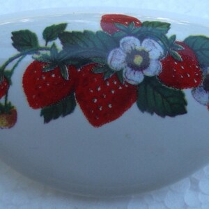 May include: White ceramic decorative piece with a curved shape, featuring a vibrant strawberry design. The strawberries are red with white seeds, green leaves, and delicate white flowers. A charming accent for kitchen decor.