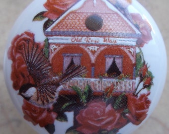 Red flowers with birdhouse and bird Ceramic Cabinet Knobs Kitchen Drawer pulls