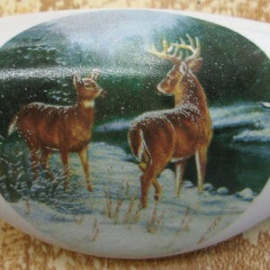 May include: White ceramic cabinet pull with a winter scene featuring two deer in a snowy forest. The oval-shaped pull has a glossy finish and a detailed image of the deer and their surroundings.