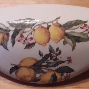May include: White ceramic cabinet pull with a lemon branch design. The design features yellow lemons, green leaves, and small pink flowers. The pull is oval-shaped and has a smooth, glossy finish.
