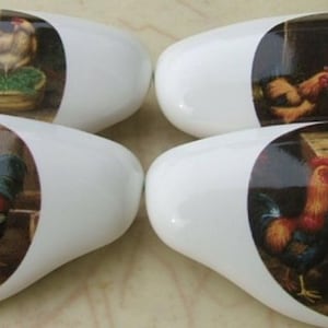 May include: Four white ceramic cabinet pulls with oval shapes. Each pull features a colorful, oval-shaped image of chickens and roosters in a rustic farm setting. The pulls are likely for kitchen or furniture decor.