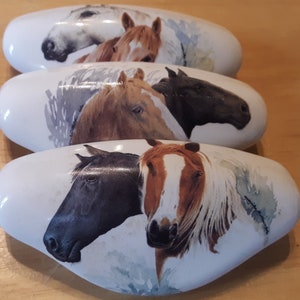 May include: Set of three ceramic drawer pulls featuring horse head designs. Each pull is oval shaped and features a different horse breed with a white background.