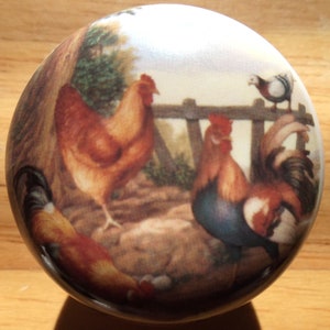 May include: A ceramic knob with a colorful image of a rooster, hen, and a dove. The rooster is red, blue, and brown, the hen is brown, and the dove is white. The knob is a great addition to any farmhouse or country-themed kitchen.