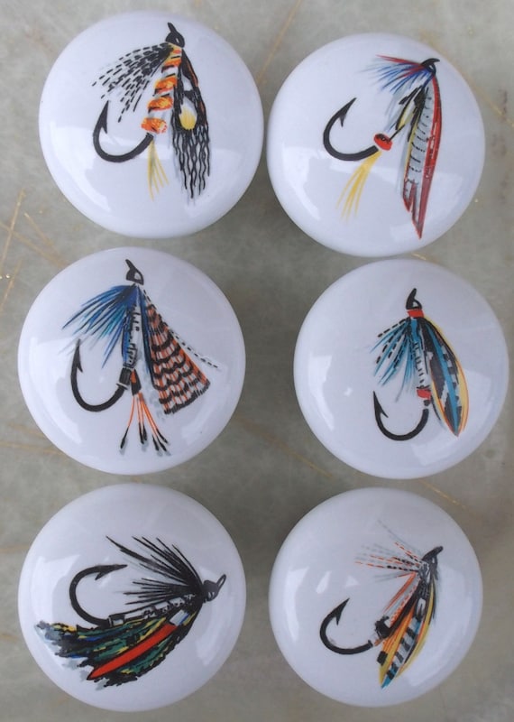 6 Fishing Flies Lures Dry Fly Ceramic Cabinet Knobs Kitchen Hardware Pulls  -  Canada