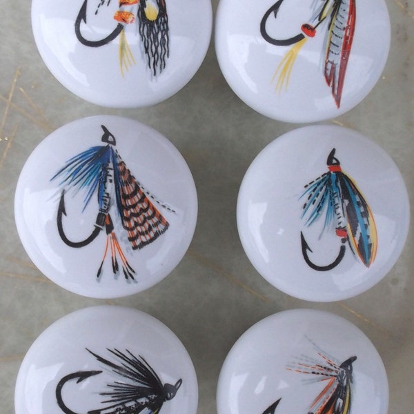 6 Fishing flies lures dry fly Ceramic Cabinet knobs Kitchen hardware pulls