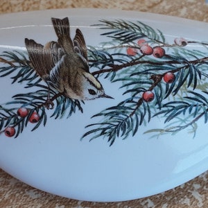 May include: A white, oval-shaped decorative stone with a detailed illustration of a small bird perched on a branch with green needles and red berries. The bird has brown and tan feathers.