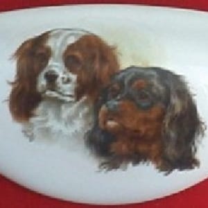 May include: White, oblong decorative plate featuring two Cavalier King Charles Spaniels. One dog is brown and white, the other is black and brown. The dogs are painted in a realistic style.
