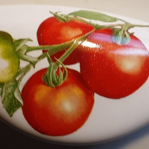 May include: White, oblong decorative stone featuring a vibrant illustration of tomatoes. The design includes three ripe red tomatoes and one green tomato, all attached to a green vine with leaves. The stone is smooth and appears to be ceramic.