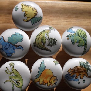 May include: Six white ceramic knobs with colorful dinosaur illustrations. The knobs feature a variety of dinosaurs, including a stegosaurus, a brachiosaurus, a triceratops, and a pterodactyl.