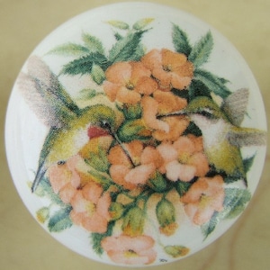 May include: A white ceramic knob with a colorful image of two hummingbirds perched on a branch of pink flowers with green leaves.