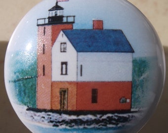 Round Island MI Lighthouse Ceramic Cabinet Knobs Light House Kitchen Drawer pulls