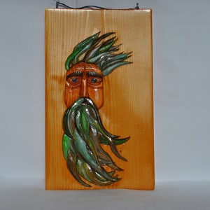 Hand Carved Hand Painted Wood Spirit Sunken Relief