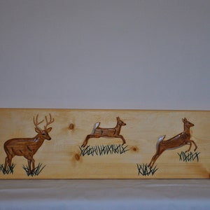 Hand carved and hand painted sunken wooden relief of White Tail Deer (Wall Hanging, Wall Art)