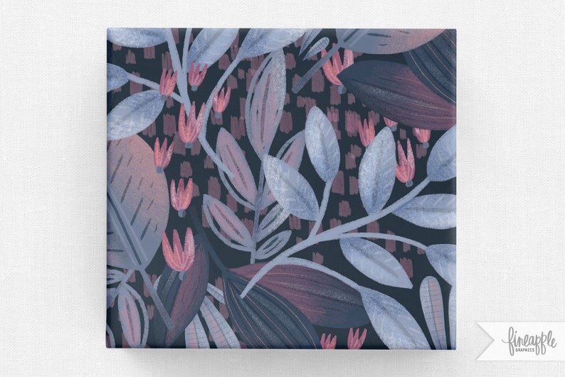 May include: A seamless pattern featuring a dark blue background with a repeating design of pink flowers and blue leaves. The leaves are stylised and have a watercolour effect.