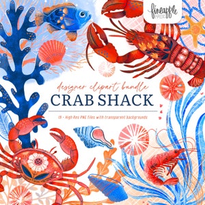 Imágenes prediseñadas de mariscos PNG, diseños de arte de cangrejo, imágenes prediseñadas de langosta PNG, ilustraciones de camarones PNG, arte de plantas submarinas, imágenes prediseñadas de vida oceánica, animales marinos