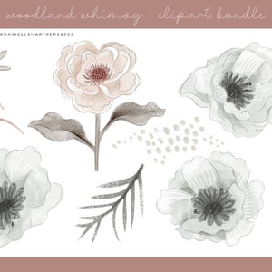 May include: A set of watercolor illustrations featuring delicate flowers and leaves in shades of gray and white. The flowers have a soft, whimsical style and are perfect for adding a touch of nature to your designs.