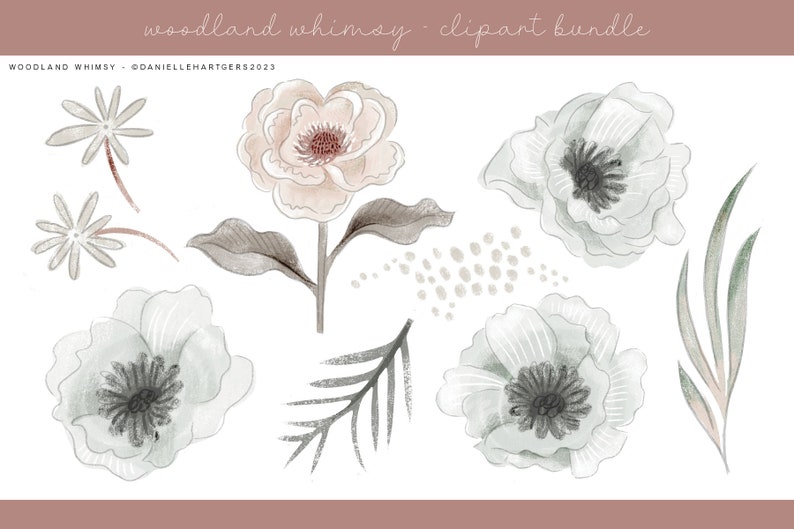 May include: A set of watercolor illustrations featuring delicate flowers and leaves in shades of gray and white. The flowers have a soft, whimsical style and are perfect for adding a touch of nature to your designs.