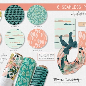 May include: Six seamless patterns with unlimited design possibilities. The patterns feature floral, cloud, and geometric designs in shades of pink, green, and white. The patterns are available in 12x12 inch, 300 DPI files in AI and JPG formats.