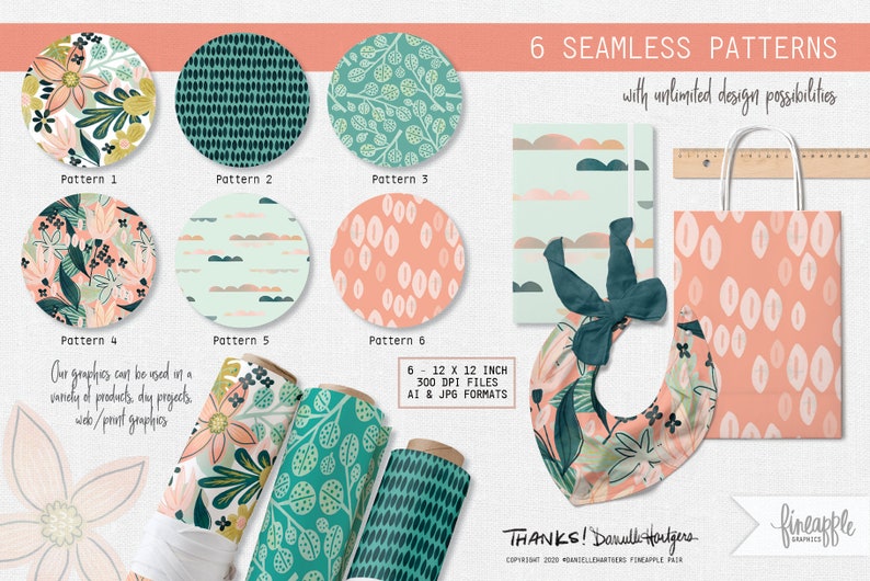 May include: Six seamless patterns with unlimited design possibilities. The patterns feature floral, cloud, and geometric designs in shades of pink, green, and white. The patterns are available in 12x12 inch, 300 DPI files in AI and JPG formats.