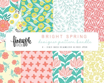Peut inclure: Un ensemble de huit motifs numériques sans couture de 10x10 pouces présentant des motifs floraux et géométriques dans des couleurs vives comme le rose, le jaune, le vert et le bleu. Les motifs sont intitulés "Bright Spring Designer Pattern Bundle" et sont de Pineapple Pair.