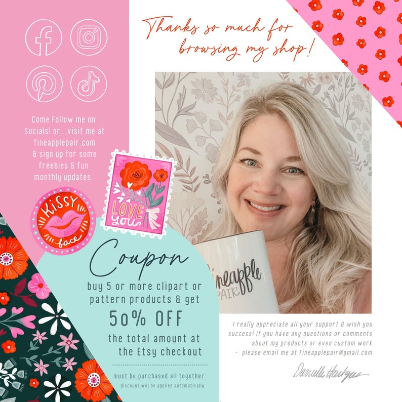 May include: A promotional image with a woman holding a mug. The image includes social media icons, a coupon offer for clipart and pattern products, and the text "Thanks so much for browsing my shop!"