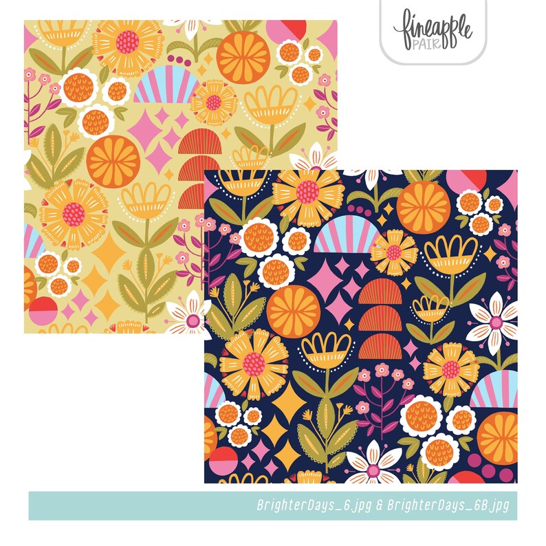 May include: Two colorful floral patterns. One features a light yellow background with orange, pink, and white flowers. The other has a dark blue background with similar flowers. Both patterns include geometric shapes and the text "BrighterDays_6.jpg & BrighterDays_6B.jpg".