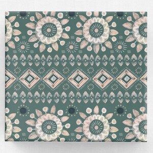May include: A teal and peach floral pattern with geometric shapes. The design features large, stylized flowers, diamond shapes, and dotted lines. The overall aesthetic is reminiscent of folk art or bohemian style.