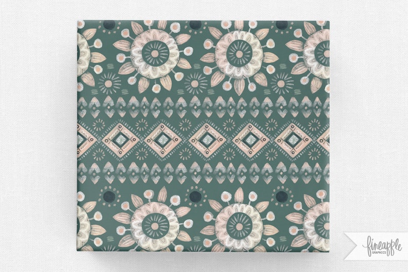 May include: A teal and peach floral pattern with geometric shapes. The design features large, stylized flowers, diamond shapes, and dotted lines. The overall aesthetic is reminiscent of folk art or bohemian style.