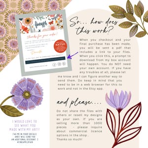 Puede incluir: Una impresi&oacute;n de arte digital con dise&ntilde;os florales y de mariposas, con el texto "&iexcl;gracias por tu pedido!" y un c&oacute;digo de descuento. La imagen tambi&eacute;n incluye instrucciones sobre c&oacute;mo descargar el producto.