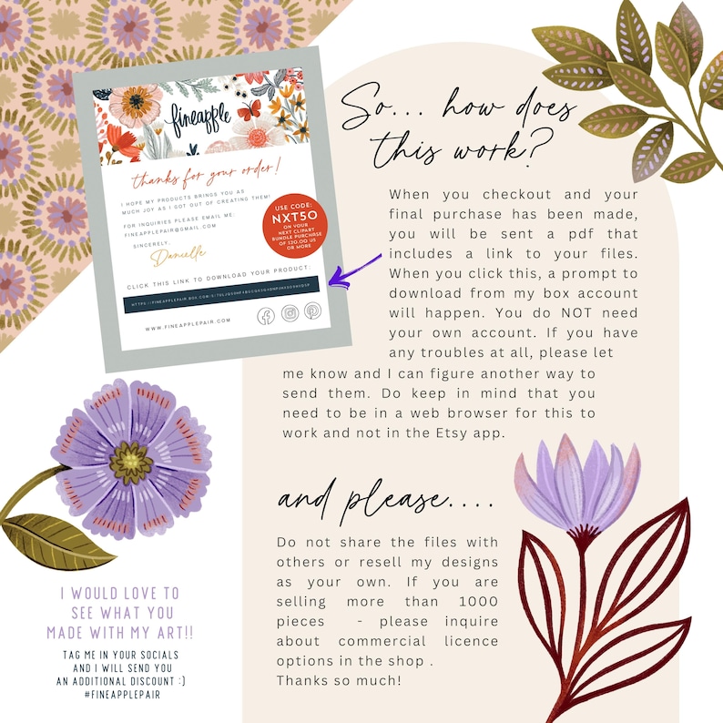 Puede incluir: Una impresi&oacute;n de arte digital con dise&ntilde;os florales y de mariposas, con el texto "&iexcl;gracias por tu pedido!" y un c&oacute;digo de descuento. La imagen tambi&eacute;n incluye instrucciones sobre c&oacute;mo descargar el producto.