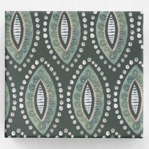 May include: A patterned design featuring repeating oval shapes in shades of green, blue, and pink, with white and silver accents. The design is set against a dark green background, creating a visually appealing pattern. The image includes the text "fineapple graphics".