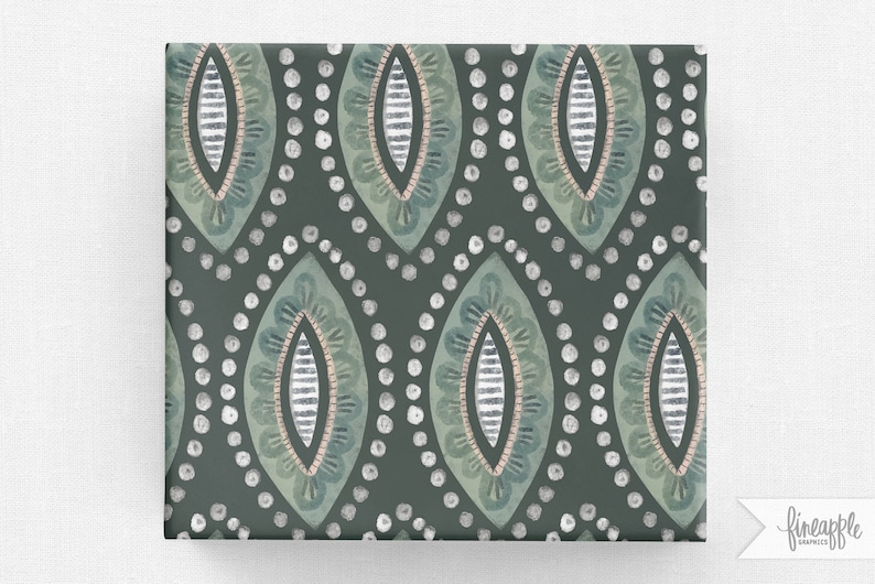 May include: A patterned design featuring repeating oval shapes in shades of green, blue, and pink, with white and silver accents. The design is set against a dark green background, creating a visually appealing pattern. The image includes the text "fineapple graphics".
