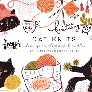 Stricken Clipart, Stricken Pngs, Katzen und Garn Clipart, Süße Stricken Clipart, DH