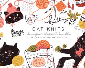Cats and Yarn Knitting Clipart, Cat PNG Graphics (Digital Download)