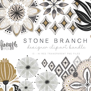May include: A digital clipart bundle of 13 high-resolution, transparent PNG files featuring black, white, and gold geometric floral designs. The text "STONE BRANCH designer clipart bundle" is included in the image.