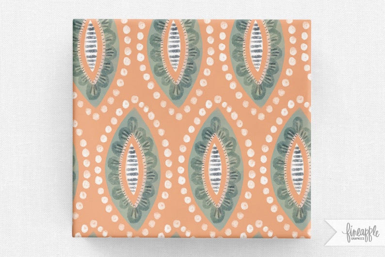 May include: A square, patterned design featuring a repeating motif of stylized oval shapes in teal and white against a peach background. The design includes white dots and striped details, creating a symmetrical pattern.