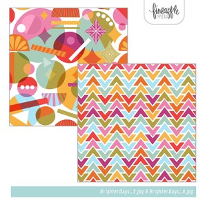 May include: Two colorful abstract patterns. One features overlapping shapes in pink, orange, green, and blue. The other has a chevron design in orange, pink, green, and blue. The text "BrighterDays_5.jpg & BrighterDays_8.jpg" is at the bottom.