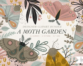 Pink Moth Clipart: Garden Graphics & Repeat Patterns (Digital Download)