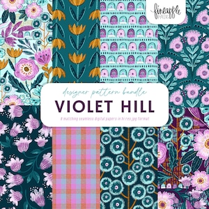 Pode incluir: Uma coleção de oito papéis digitais sem costura com padrões florais e geométricos em tons de verde-azulado, roxo e laranja. O texto "VIOLET HILL" é exibido em um fundo branco, com as palavras "designer pattern bundle" acima.
