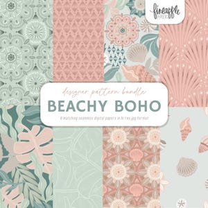 May include: A designer pattern bundle titled "Beachy Boho" featuring eight seamless digital papers. The designs include floral, seashell, and leaf patterns in shades of pink, teal, and beige. The image has a soft, pastel color palette.