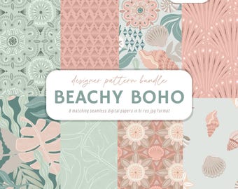 Beachy Boho Digital Paper Bundle, Pastel Tropical Leaves, Seashell Patterns (Digital Download)