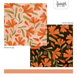 Puede incluir: Se muestran dos patrones florales. Uno presenta flores naranjas y hojas verdes sobre un fondo melocot&oacute;n. El otro muestra el mismo dise&ntilde;o sobre un fondo verde oscuro. Los patrones est&aacute;n etiquetados como "Pattern3.jpg" y "Pattern3B.jpg".