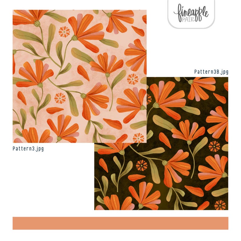 Puede incluir: Se muestran dos patrones florales. Uno presenta flores naranjas y hojas verdes sobre un fondo melocot&oacute;n. El otro muestra el mismo dise&ntilde;o sobre un fondo verde oscuro. Los patrones est&aacute;n etiquetados como "Pattern3.jpg" y "Pattern3B.jpg".