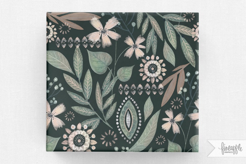 May include: A square canvas print featuring a botanical pattern. The design includes stylized flowers, leaves, and geometric shapes in shades of green, beige, and white against a dark green background. The print has a matte finish.