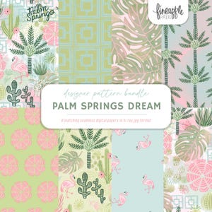 Patrones sin costuras de Palm Springs, impresiones de ilustraciones florales, playa vintage, PNG florales de California, patrones bohemios texturizados, PNG de flamencos