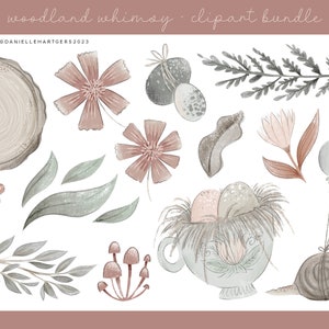May include: A digital clipart bundle featuring woodland-themed illustrations in soft, muted colors. The set includes a tree stump, flowers, leaves, mushrooms, a snail carrying balloons, and a bird's nest with eggs.