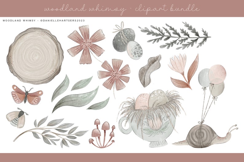 May include: A digital clipart bundle featuring woodland-themed illustrations in soft, muted colors. The set includes a tree stump, flowers, leaves, mushrooms, a snail carrying balloons, and a bird's nest with eggs.