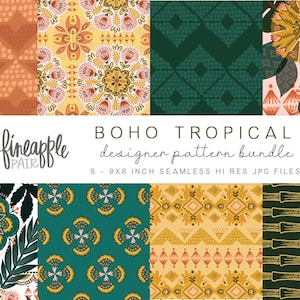 Boho Chic Digital Paper, Boho Clipart, Bohemian Tropical Graphics, Boho Floral Clipart, DH
